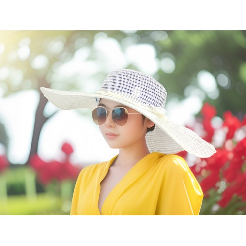Straw Big Rim Hat - w/ Multi-String Bow - White - HT-SHA50203WT